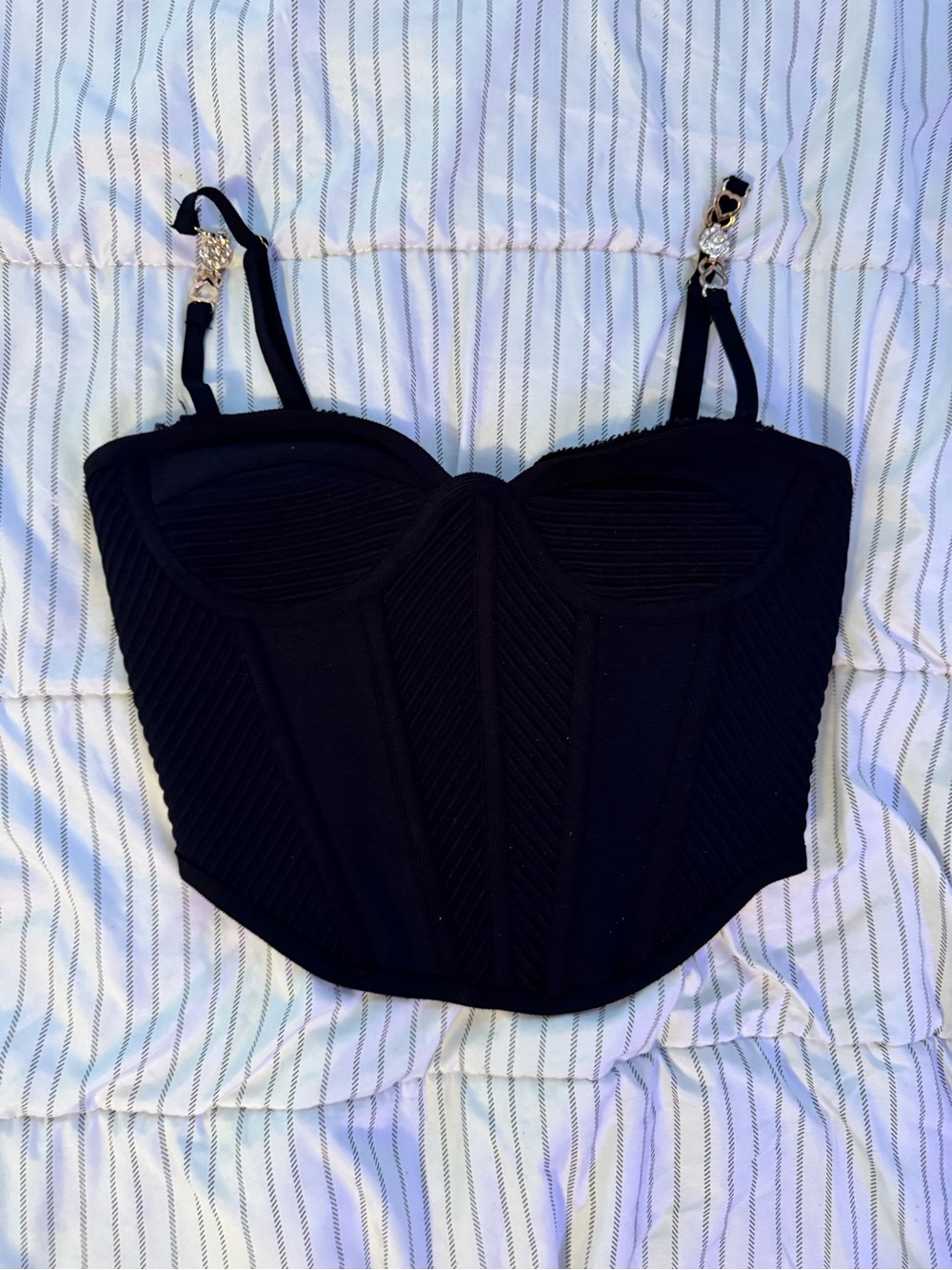 Black Women's Bustier Crop Top with Gold Chain Straps